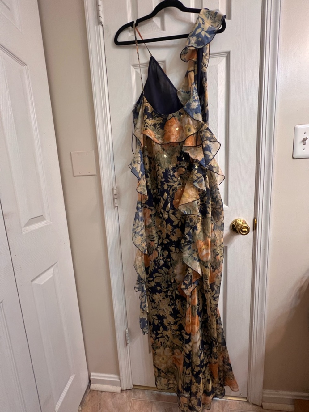 Fashion Nova Navy & Peach Floral Ruffle One-Shoulder Maxi Dress